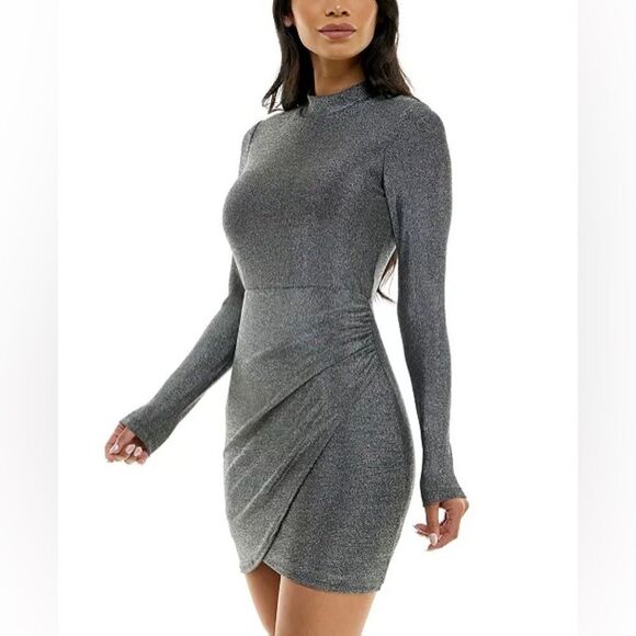 BCX Metallic Ruched Tulip Hem Long Sleeve Dress/Lots of Stretch (Size: XS) - Picture 3 of 14